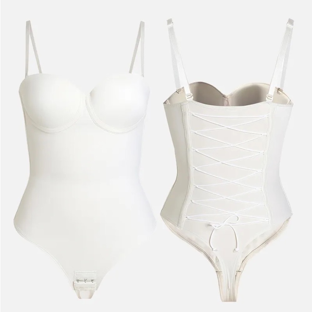 White Lace Up Shapewear Bodysuit with Underwire Bra